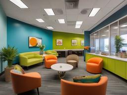 In the office break room, Hampton interior design includes bright colors, natural materials, and cheerful decor that encourages relaxation and socialization among employees.  