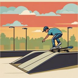 Skatepark Skateboarding Ramp Clipart - A skateboarder on a skateboarding ramp in a skatepark.  color vector clipart, minimal style