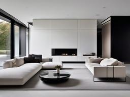 Modern minimalist living room featuring a sleek B&B Italia sofa, Flos lighting fixtures, and Porcelanosa white marble flooring.  