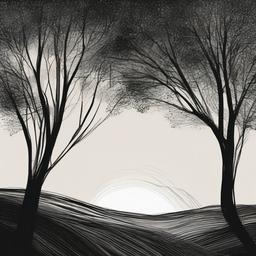 drawing of trees with a sunset  minimal rough sketch scribbles,doodles,black and white