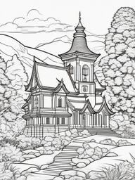 House Coloring Pages - Monastery or temple set in a peaceful landscape  simple coloring pages