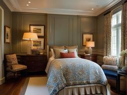 In the guest bedroom, traditional interior design offers a cozy atmosphere with rich textiles, elegant furnishings, and coordinating decor that ensure a comfortable stay for visitors.  