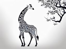 Giraffe Tattoo - Graceful giraffe stretching to reach leaves in a tall tree  few color tattoo design, simple line art, design clean white background