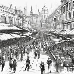 drawing of a busy marketplace in a city  minimal rough sketch scribbles,doodles,black and white