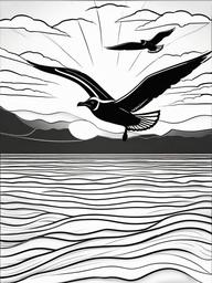 Sandy beach with a sunset and seagulls  simple coloring pages