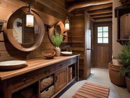 In the guest bathroom, rustic interior design features vintage fixtures, wooden accents, and earthy colors that create a welcoming atmosphere for visitors.  