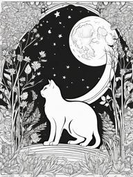 Cat and Moon Coloring Pages - Enchanted Scene with Cat and Moon  minimal black outline printable sheet, coloring page