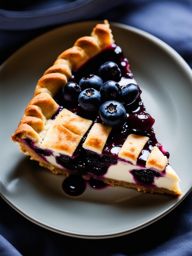 a slice of classic blueberry pie, with a lattice pastry crust and sweet, juicy blueberries. 