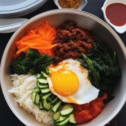 korean bibimbap journey - mixing rice, vegetables, and savory toppings with gochujang sauce. 