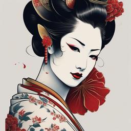 geisha and hannya tattoo  simple color tattoo,white background,minimal