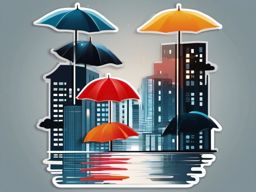 Rainy cityscape sticker- Umbrellas and reflections, , sticker vector art, minimalist design