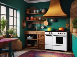 Artistic Bohemian Cooking Corner - Design an artistic bohemian corner with unique decor. , kitchen layout design ideas, multicoloured, photo realistic, hyper detail, high resolution,