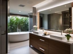 A master bathroom with High Tech interior design incorporates smart fixtures, sleek surfaces, and advanced lighting that create a luxurious atmosphere for self-care and relaxation.  