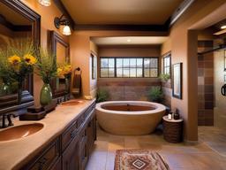 Southwestern bathroom combines earthy colors, decorative tiles, and rustic fixtures for a warm and welcoming atmosphere.  