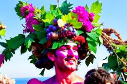 dionysus, the god of wine and revelry, hosting a grand bacchanalian feast in the vineyards of naxos. 