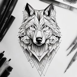 Geometric Wolf Tattoo,geometry meets the wild, as a wolf takes shape through precise lines and angles, symphony of artistry. , tattoo design, white clean background