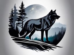Gray Wolf Tattoo,ghostly silhouette of a lone gray wolf, silently prowling through the moonlit wilderness. , color tattoo design, white clean background