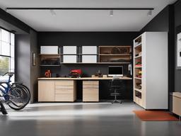 Bauhaus garage emphasizes sleek storage solutions, practical workstations, and a clean, organized layout, maximizing both function and visual harmony.  