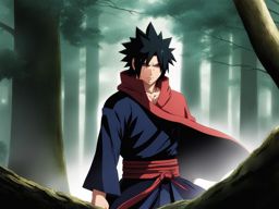 sasuke uchiha activates the sharingan to face off against a formidable foe in a forest. 