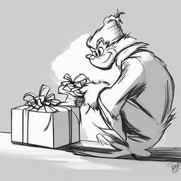 drawing of The Grinch stealing presents  minimal rough sketch scribbles,doodles,black and white