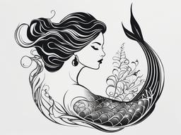 Black and White Mermaid Tattoo - Keep it classic and timeless with a black and white mermaid-themed tattoo.  simple vector color tattoo,minimal,white background