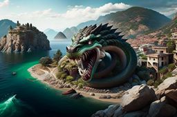 hydra, the multi-headed serpent, terrorizing a coastal village in ancient greece. 