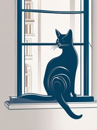 Cat Tattoo - Graceful cat perched on a windowsill, embodying independence  few color tattoo design, simple line art, design clean white background