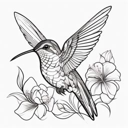Hummingbird Tattoo - Hummingbird hovering near a blooming flower  few color tattoo design, simple line art, design clean white background