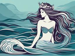 Mermaid clipart - mermaid with long flowing hair and a crown  color,minimalist,vector clipart