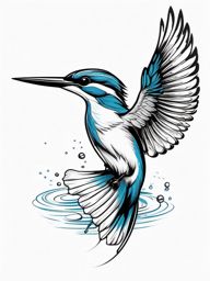 Kingfisher Tattoo - Kingfisher diving into the water to catch a fish  few color tattoo design, simple line art, design clean white background