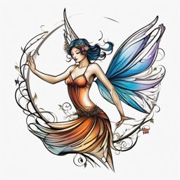 dancing fairy tattoo  simple color tattoo style,white background