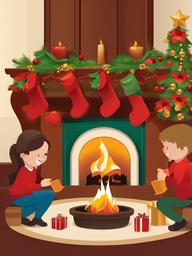 Happy Holidays clipart - holiday gathering around a fireplace  