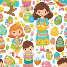 Easter clipart - children painting Easter eggs  