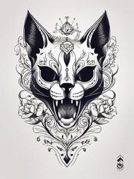 Cat Skull Tattoo Design - Tattoo featuring a design combining a cat and a skull.  minimal color tattoo, white background