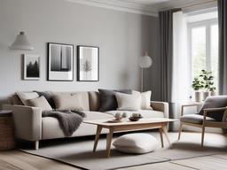 Scandinavian living room combines light wood floors, neutral-toned furniture, and soft textiles to create a cozy, inviting atmosphere.  