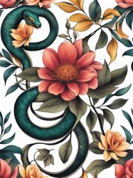 Flower and snake tattoo, Artistic tattoos that combine the beauty of flowers with the symbolism of snakes. ,colorful, tattoo pattern, clean white background