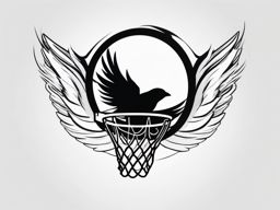 Basketball hoop with wings tattoo. Aspirations taking flight.  black white tattoo style, minimalist design,white background