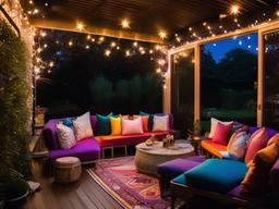 The outdoor patio embraces cosmic chic interior design with colorful seating, galaxy-themed cushions, and twinkling fairy lights that create a magical atmosphere for gatherings under the stars.  