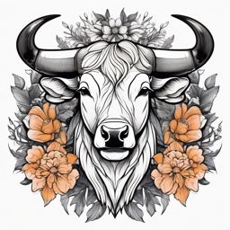 Bull with floral wreath ink. Blooms of strength and vitality.  color tattoo design, white background