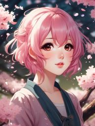 Charming anime girl with pink hair, standing in a serene cherry blossom garden, admiring the falling petals.  front facing ,centered portrait shot, cute anime color style, pfp, full face visible