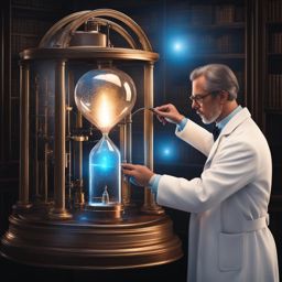 time-traveling scientist experimenting with a mysterious, glowing time machine. 