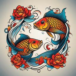 2 Coy Fish Tattoo-Bold and vibrant tattoo featuring two coy fish, capturing themes of balance, harmony, and aquatic beauty.  simple color vector tattoo