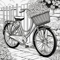 Summer Coloring Pages - Bicycle with a basket full of flowers parked by a pathway  simple coloring pages