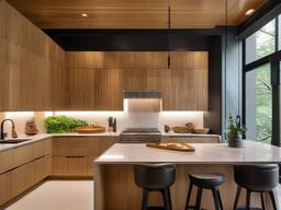 Biophilic interior design in the kitchen incorporates bamboo cabinetry, natural stone countertops, and ample natural light, creating a warm and inviting cooking space that feels close to nature.  