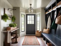 A mudroom designed with vintage interior design includes classic hooks, patterned rugs, and charming storage solutions that make coming and going a breeze.  