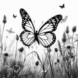 butterfly clipart black and white in a tranquil meadow - showcasing graceful flight. 