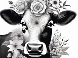 Cow with floral crown design: Gentle touch, blending nature's beauty.  black and white tattoo style