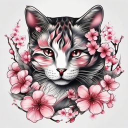 Cat paw with delicate cherry blossoms tattoo: Nature's beauty intertwined with feline elegance.  color tattoo style, white background