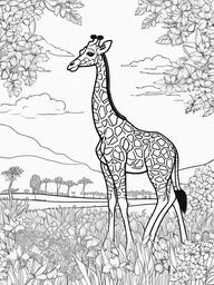 Giraffe Coloring Pages - Giraffe playing with friends in a field of flowers  simple coloring pages