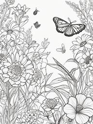 Butterfly and Bee Coloring Pages - Pollinators in a Colorful Garden  minimal black outline printable sheet, coloring page